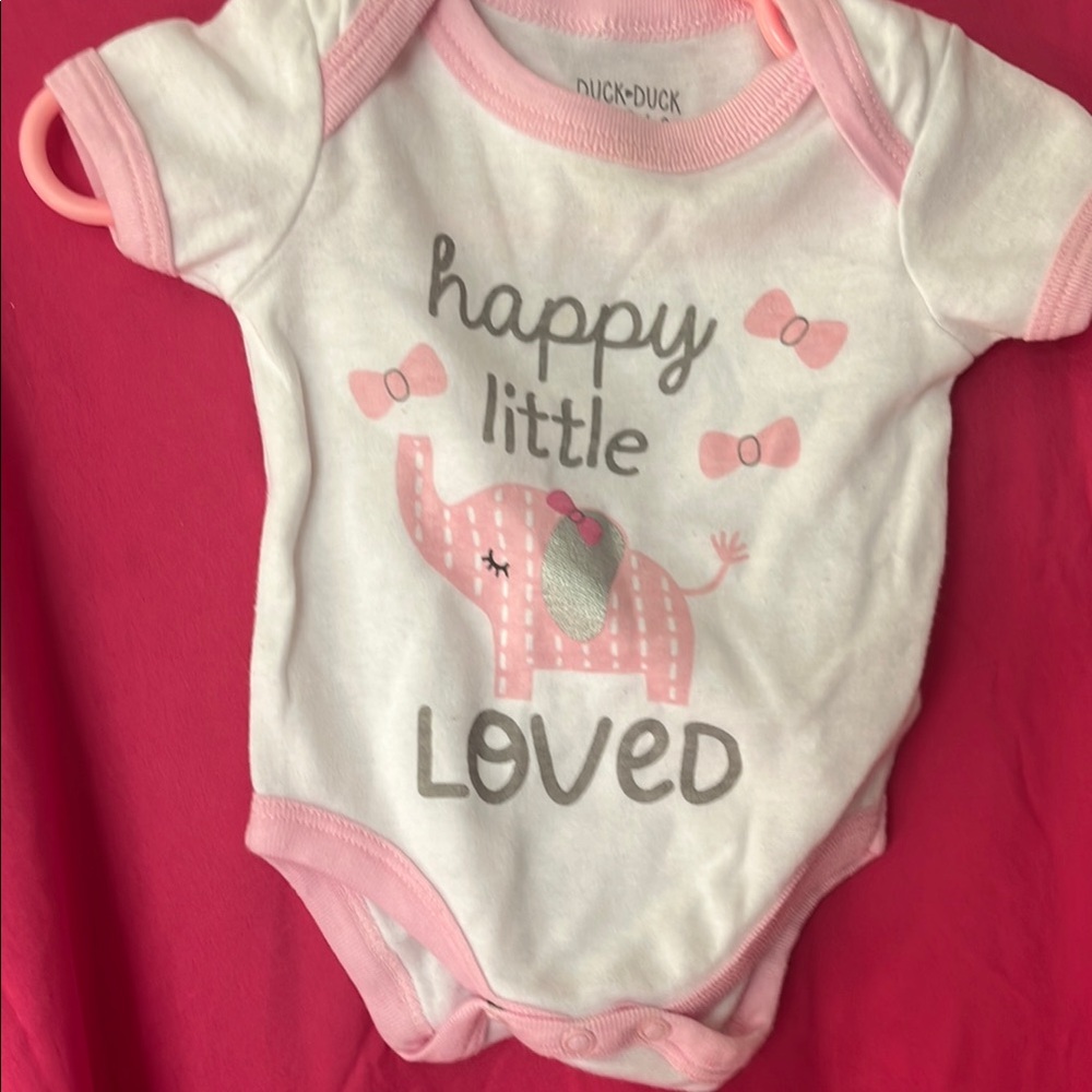 Duck Duck Baby Girl 0-3 Newborn Onesie with Pink Elephant Design